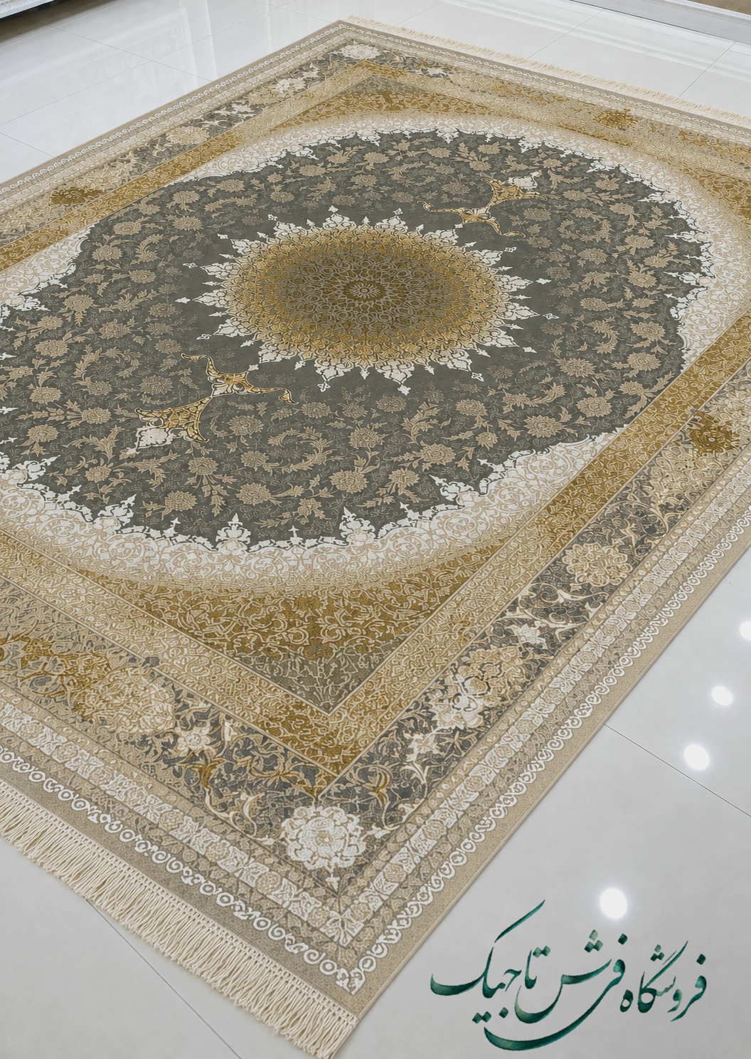 فرش 1200 شانه آکریلیک تراکم  ۳۶۰۰ نقشه شاهانه طلایی