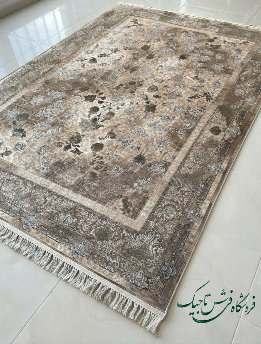 فرش ۱۲۰۰ شانه آکریلیک تراکم ۳۶۰۰ نقشه وینتج پتینه نسکافه ای سبز
